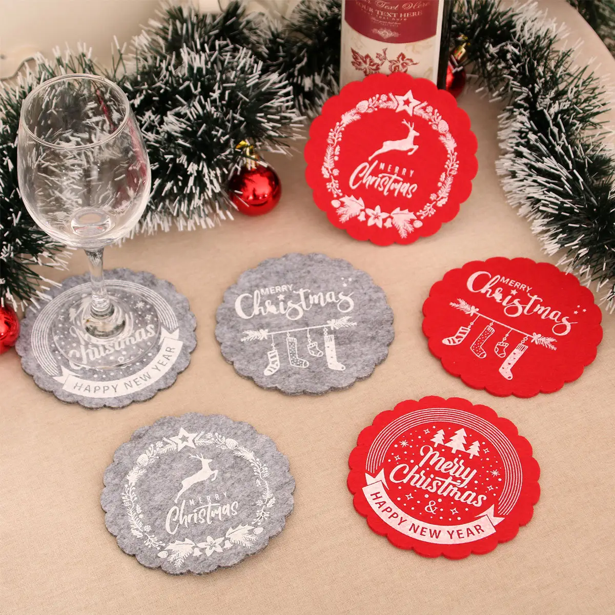 Christmas Wine Cup Mats Red Grey Cotton Felt Decor — feature 1