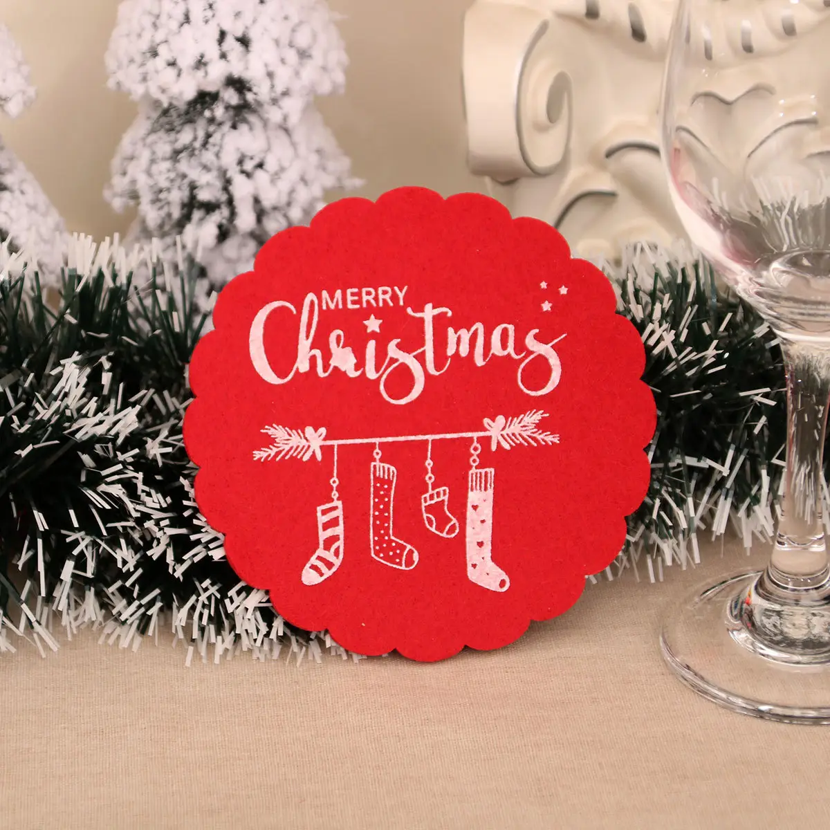 Christmas Wine Cup Mats Red Grey Cotton Felt Decor — feature 14