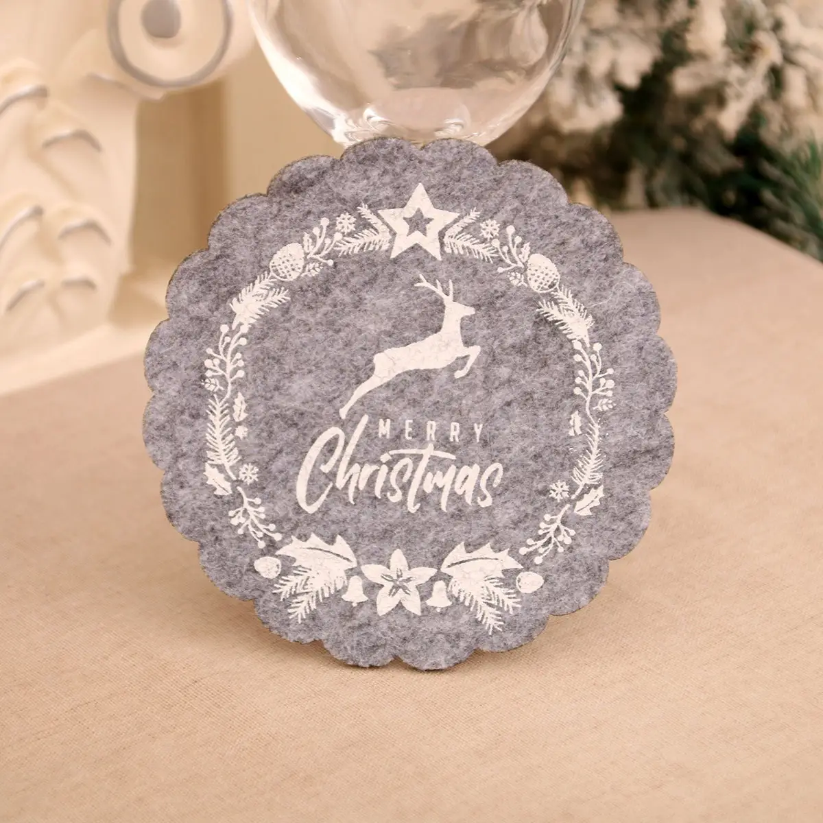 Christmas Wine Cup Mats Red Grey Cotton Felt Decor — feature 15