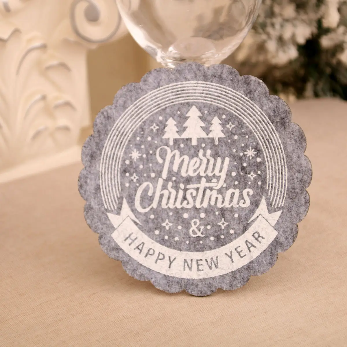 Christmas Wine Cup Mats Red Grey Cotton Felt Decor — feature 16