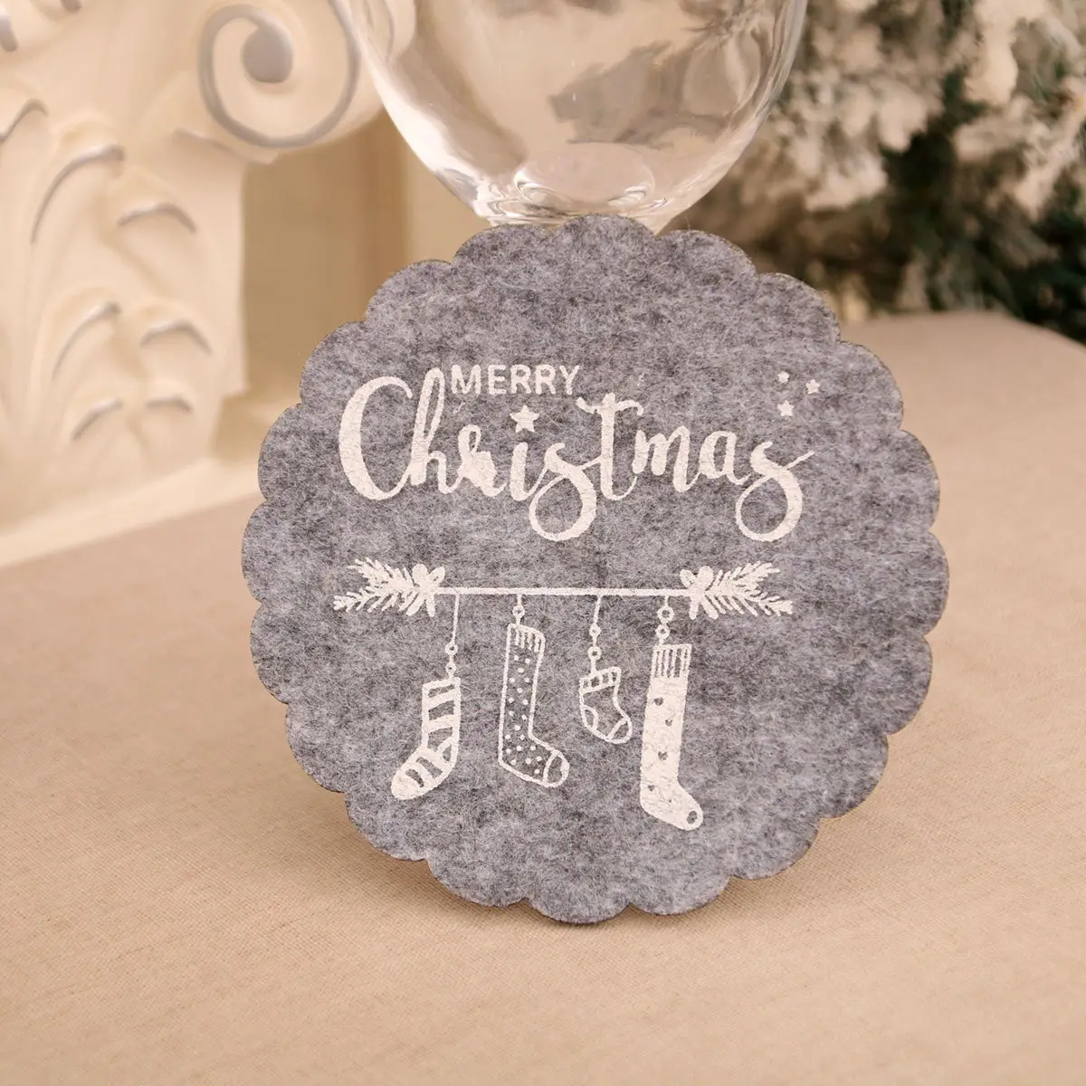 Christmas Wine Cup Mats Red Grey Cotton Felt Decor — feature 17