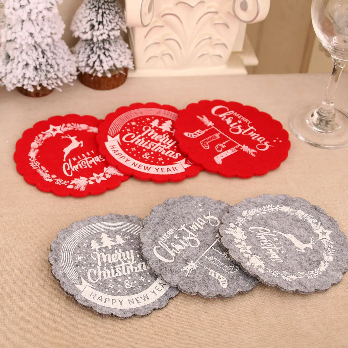 Christmas Wine Cup Mats Red Grey Cotton Felt Decor — feature 5