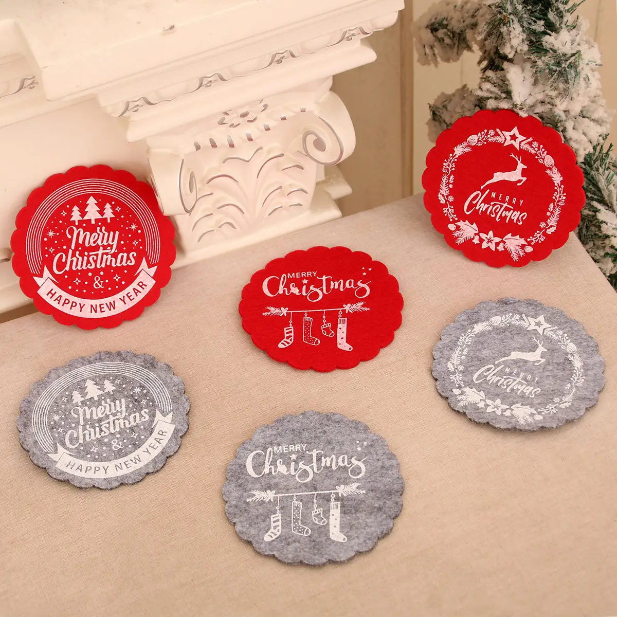 Christmas Wine Cup Mats Red Grey Cotton Felt Decor — feature 7