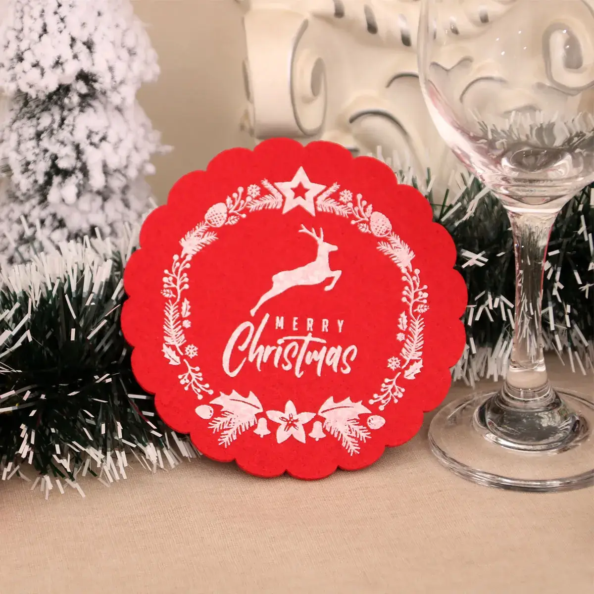 Christmas Wine Cup Mats Red Grey Cotton Felt Decor - Image 2