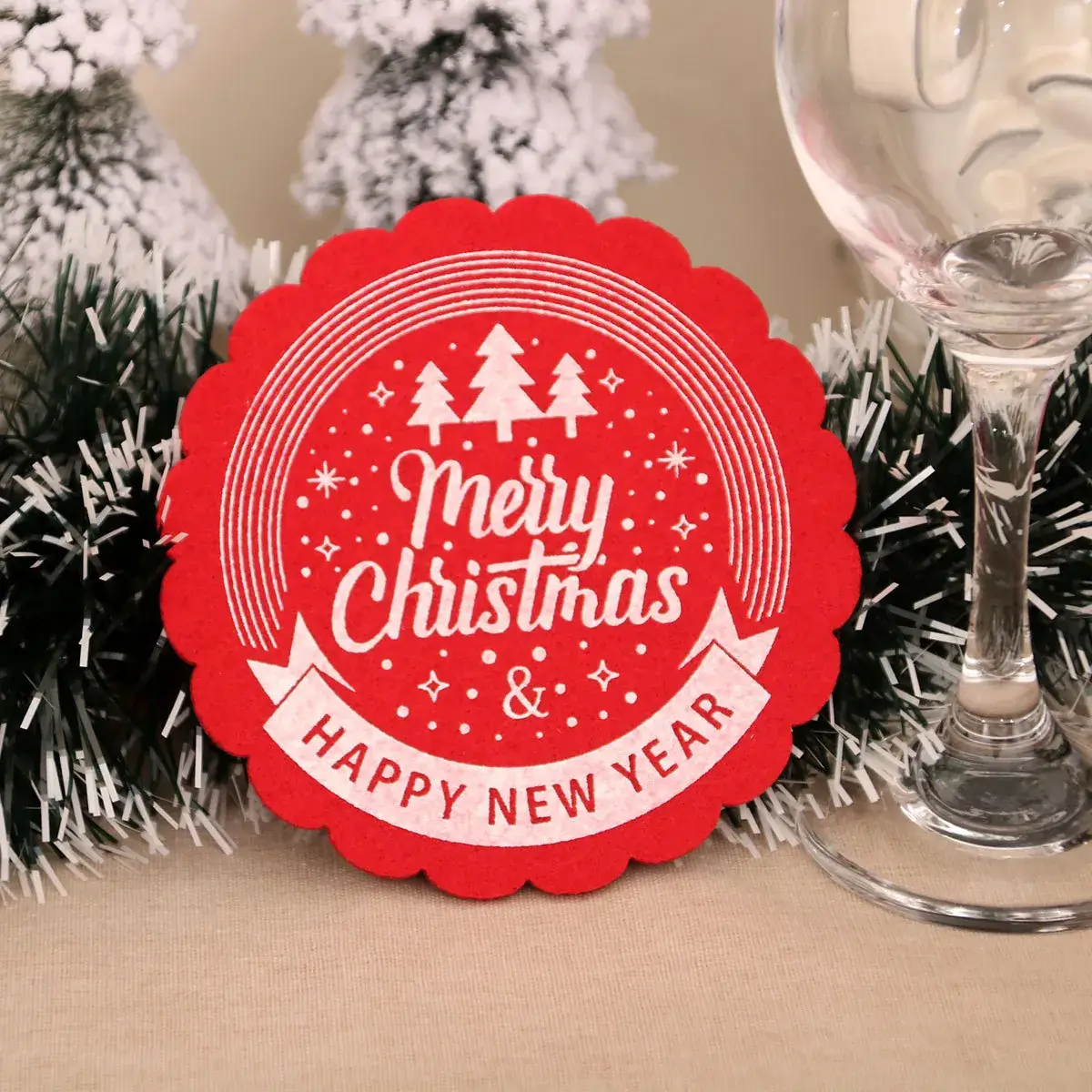 Christmas Wine Cup Mats Red Grey Cotton Felt Decor - Image 3