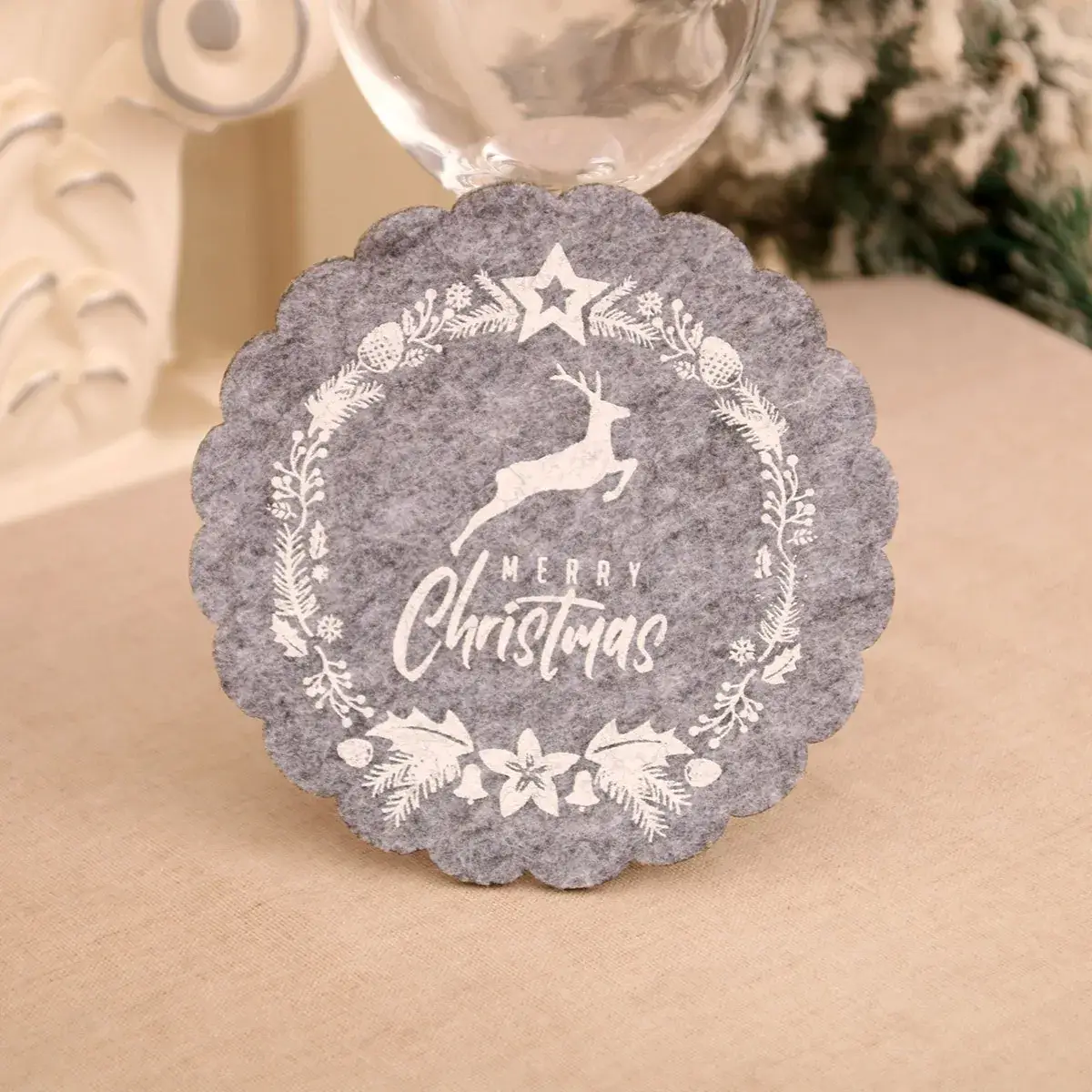 Christmas Wine Cup Mats Red Grey Cotton Felt Decor - Image 5