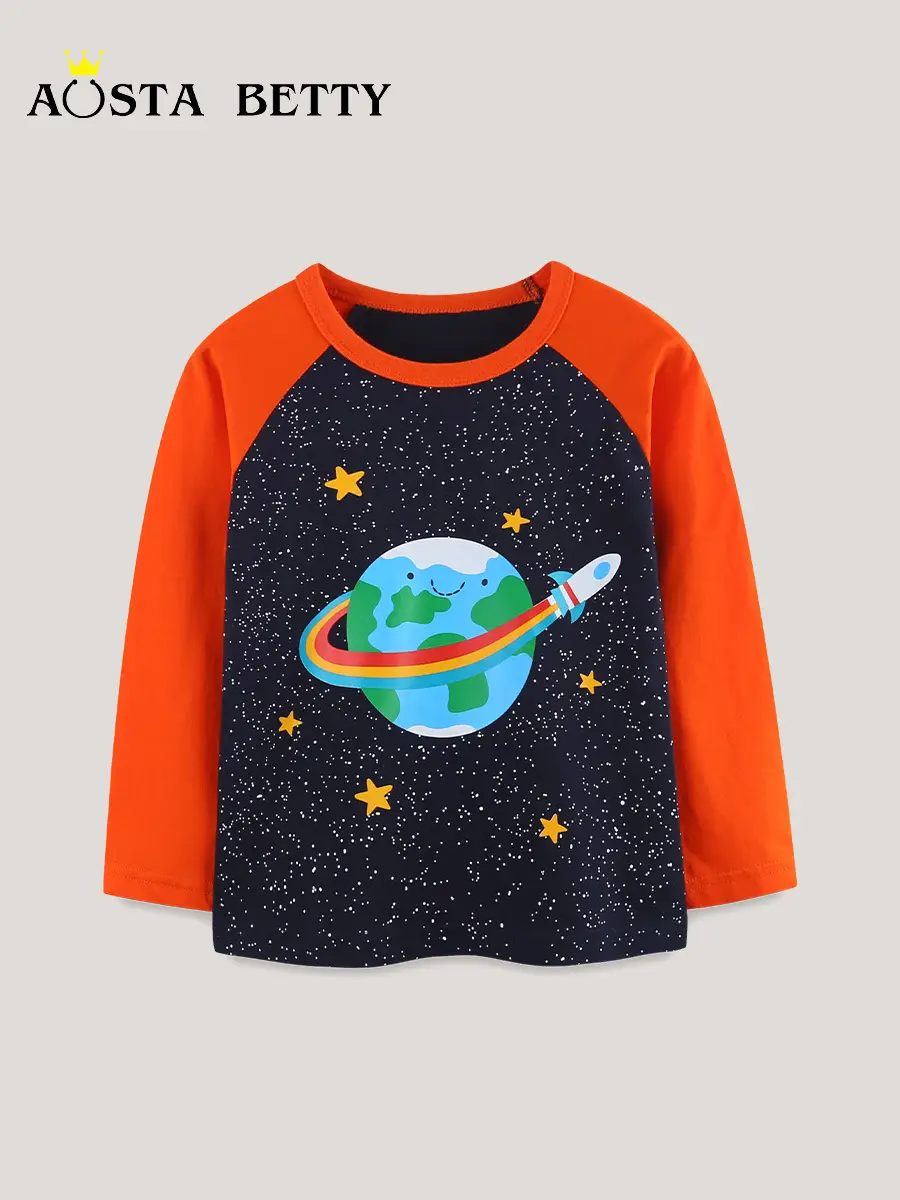Children's Planet Print Long Sleeve T-Shirt Orange Black