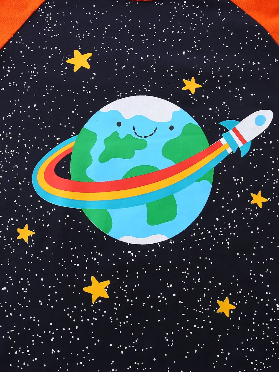 Children's Planet Print Long Sleeve T-Shirt Orange Black