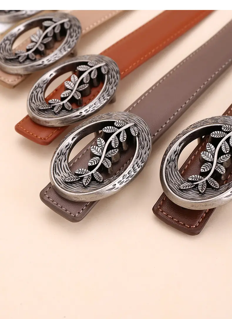 Women's Leather Belt with Matte Silver Buckle 100cm — feature 12