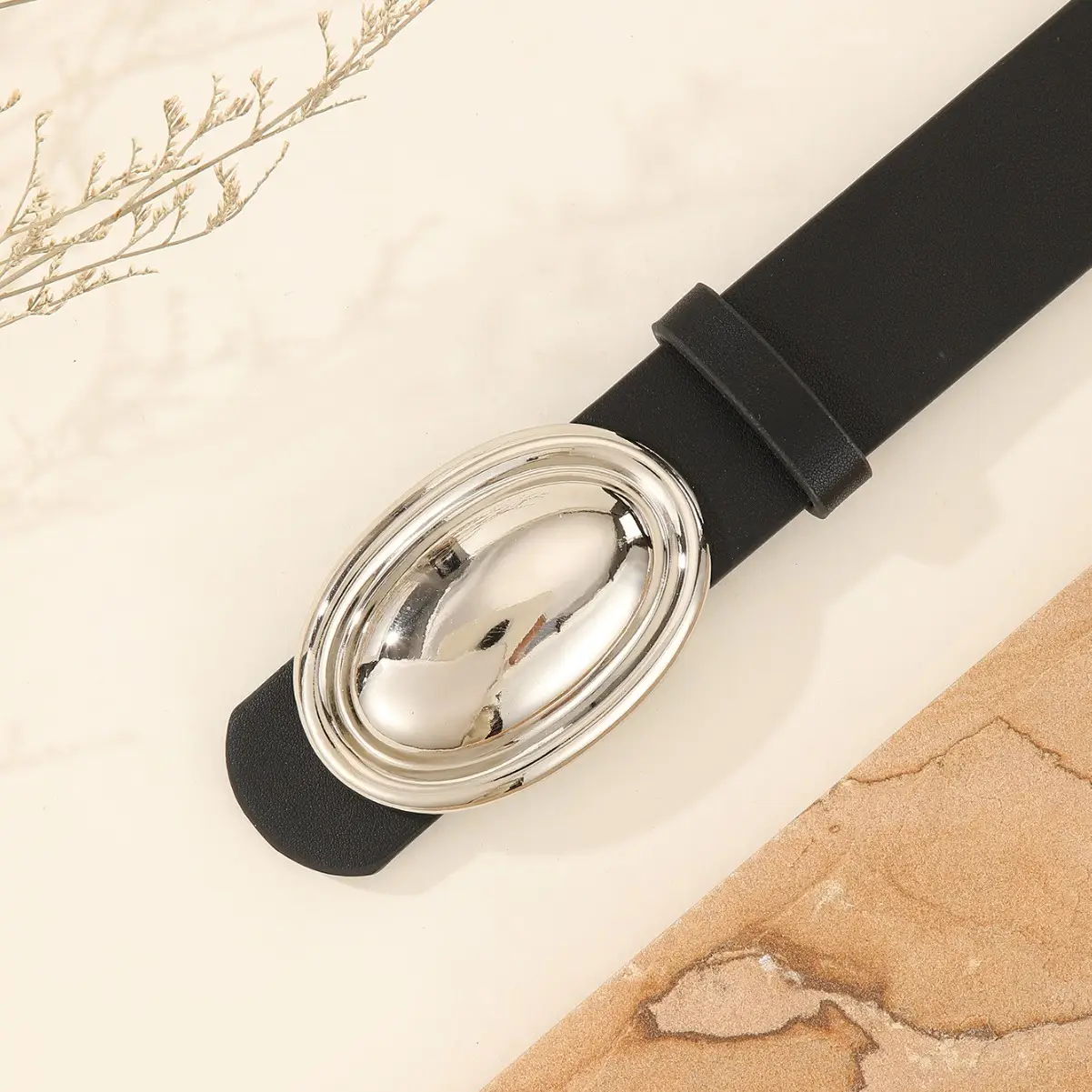 Women's Black Leather Belt with Silver Buckle - Image 4