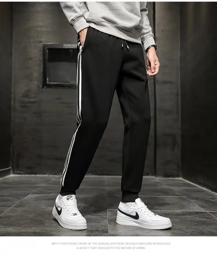 Men's Black Three-Bar Sweatpants Spring Autumn Loose Fit — feature 12