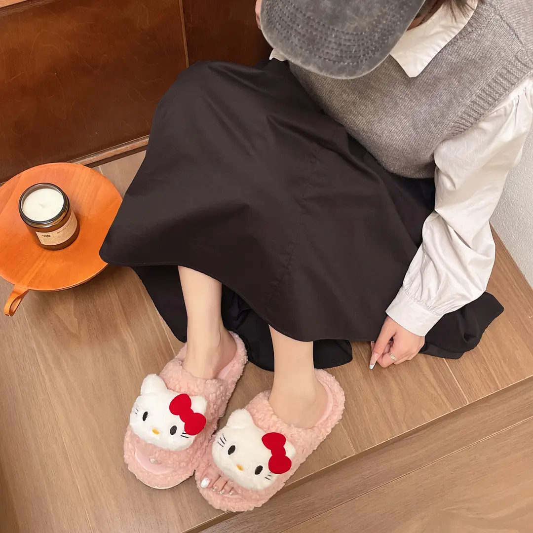 Sweet and Popular Kitten and Cat Doll Furry Slippers for Women That Can Be Worn Outside in Autumn and Winter, Half-Slip Thick-Soled Warm Cotton Slippers