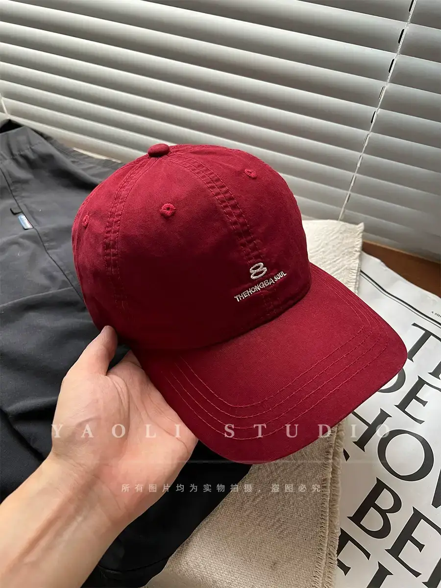 Women Red Embroidered Baseball Cap with Sunshade — feature 19