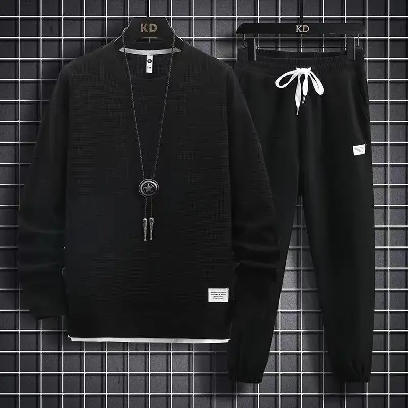Men Black Sweatshirt Sweatpants Set Casual Sportswear