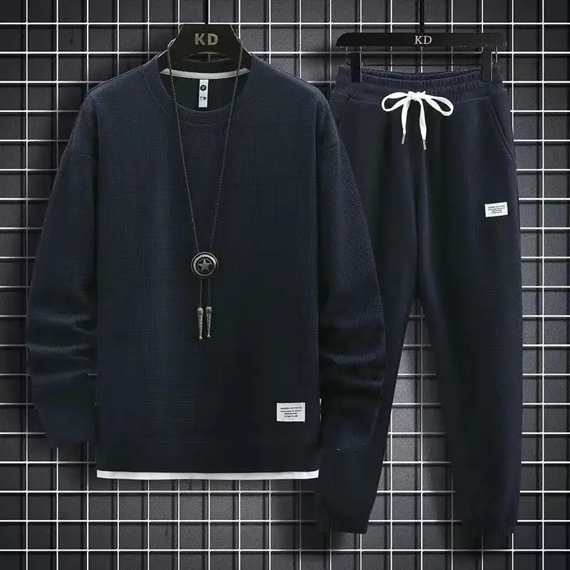 Men Black Sweatshirt Sweatpants Set Casual Sportswear