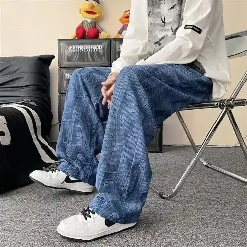 Japanese Style Retro Corduroy Pants Men Black Full Print Drop Leg - Image 3