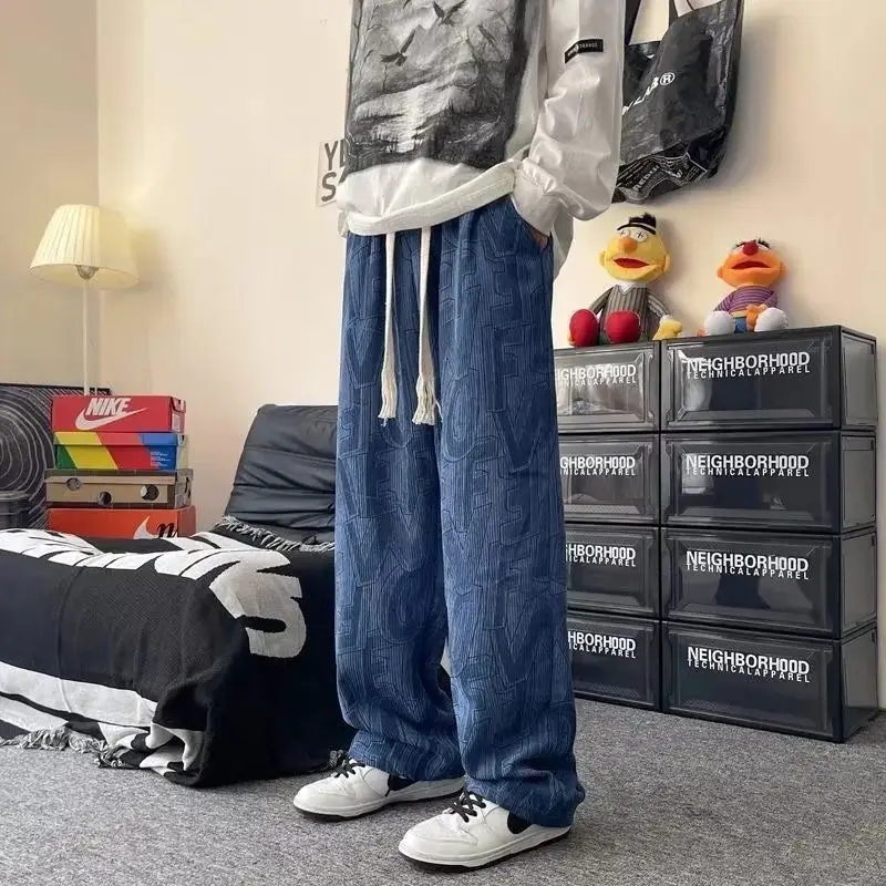 Japanese Style Retro Corduroy Pants Men Black Full Print Drop Leg - Image 5