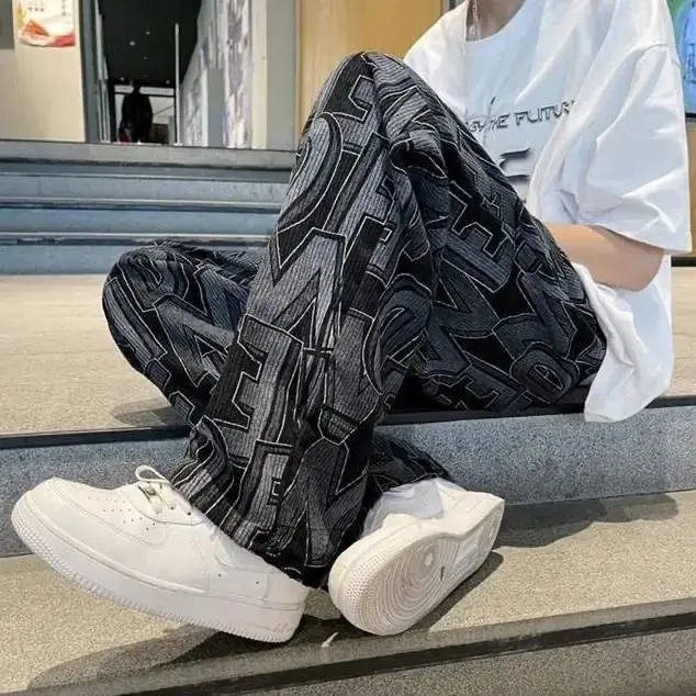 Japanese Style Retro Corduroy Pants Men Black Full Print Drop Leg — feature 6