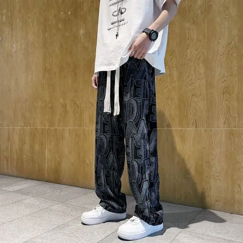 Japanese Style Retro Corduroy Pants Men Black Full Print Drop Leg — feature 7
