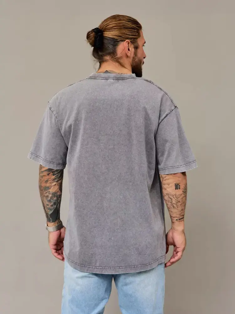 Men's Grey Distressed Round Neck T-Shirt