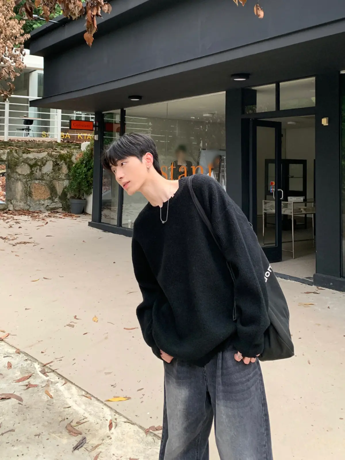 Men's Black Knitted Long Sleeve Sweater Loose Casual Wear