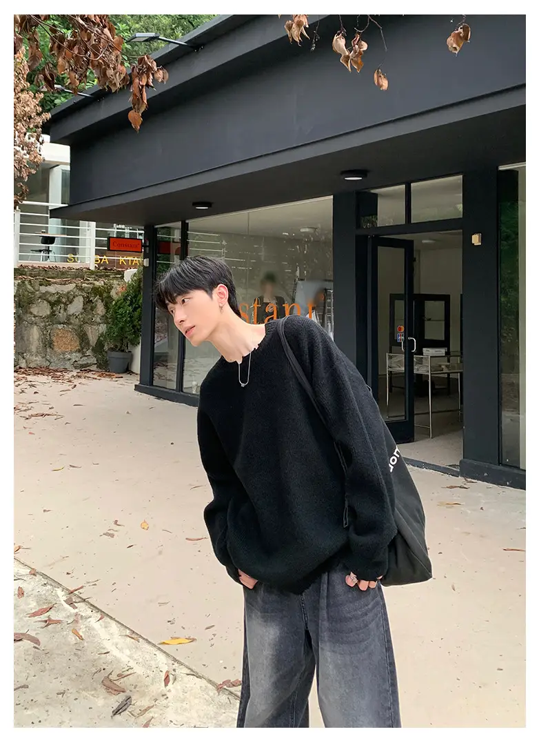 Men's Black Knitted Long Sleeve Sweater Loose Casual Wear — feature 10