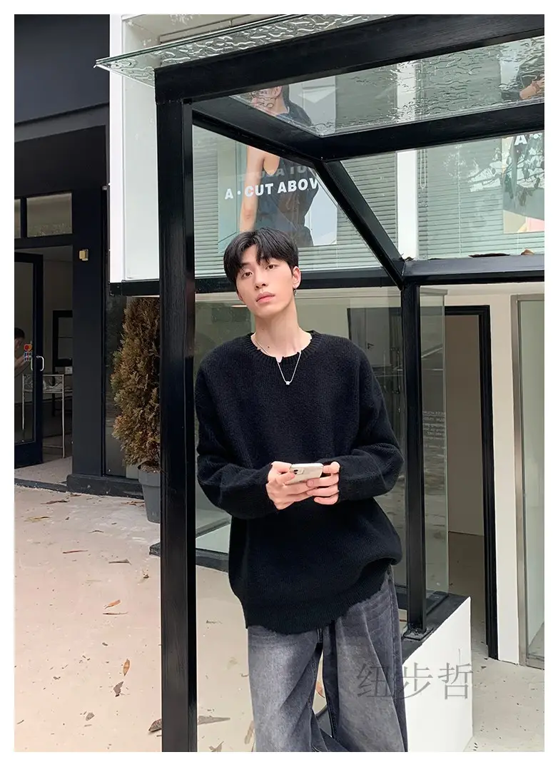 Men's Black Knitted Long Sleeve Sweater Loose Casual Wear — feature 11