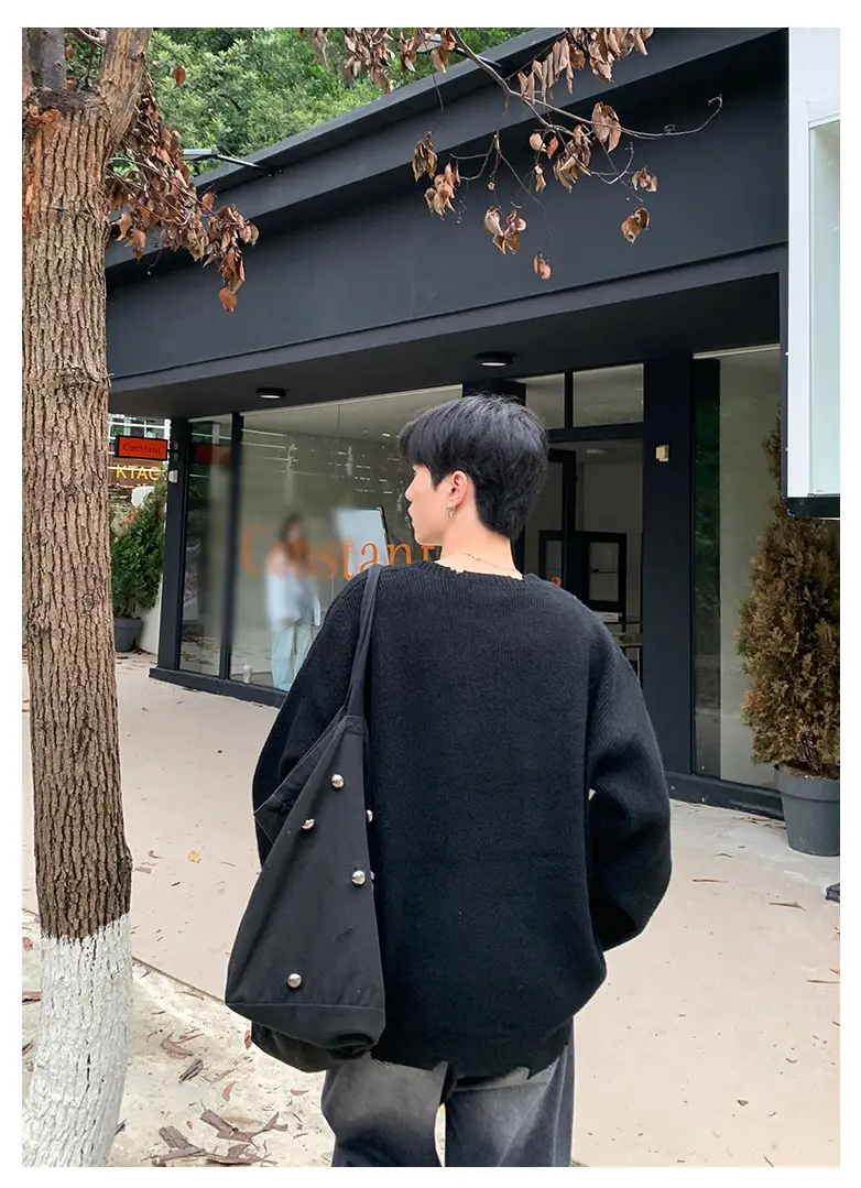 Men's Black Knitted Long Sleeve Sweater Loose Casual Wear — feature 12