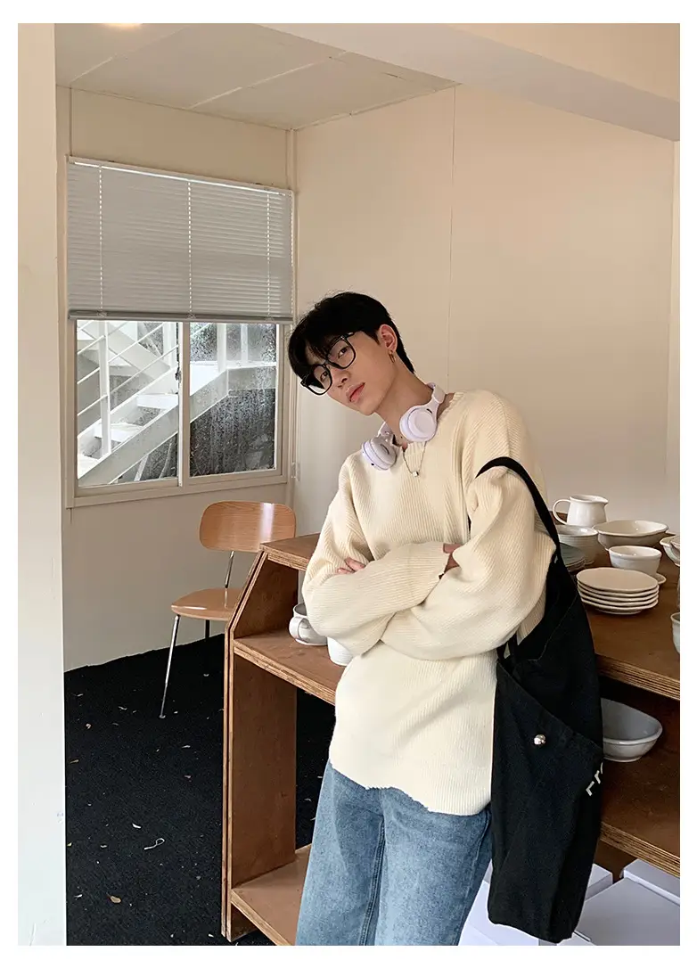 Men's Black Knitted Long Sleeve Sweater Loose Casual Wear — feature 13