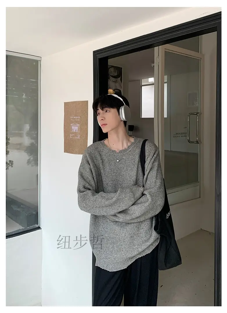 Men's Black Knitted Long Sleeve Sweater Loose Casual Wear — feature 3