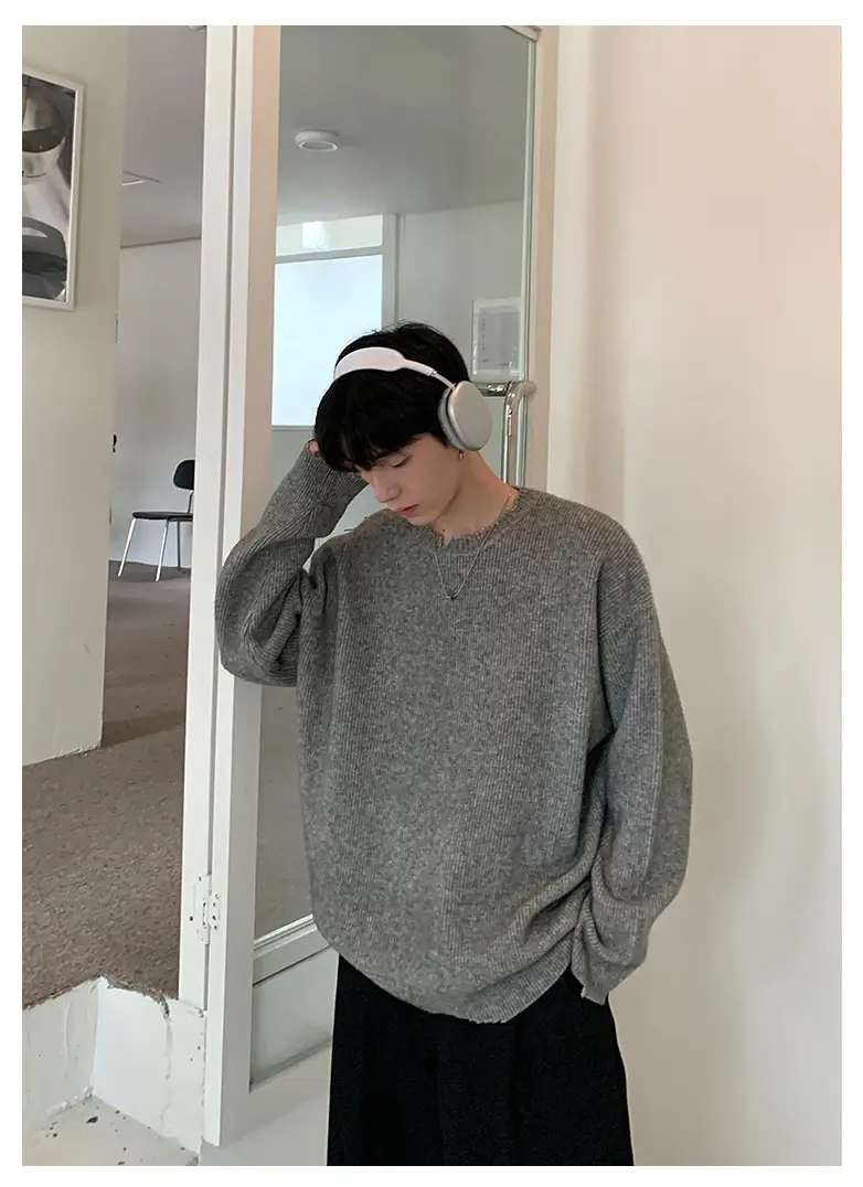 Men's Black Knitted Long Sleeve Sweater Loose Casual Wear — feature 6