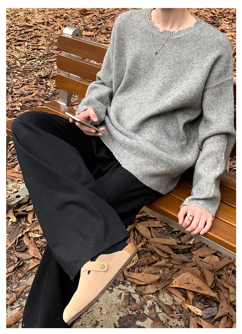 Men's Black Knitted Long Sleeve Sweater Loose Casual Wear — feature 7