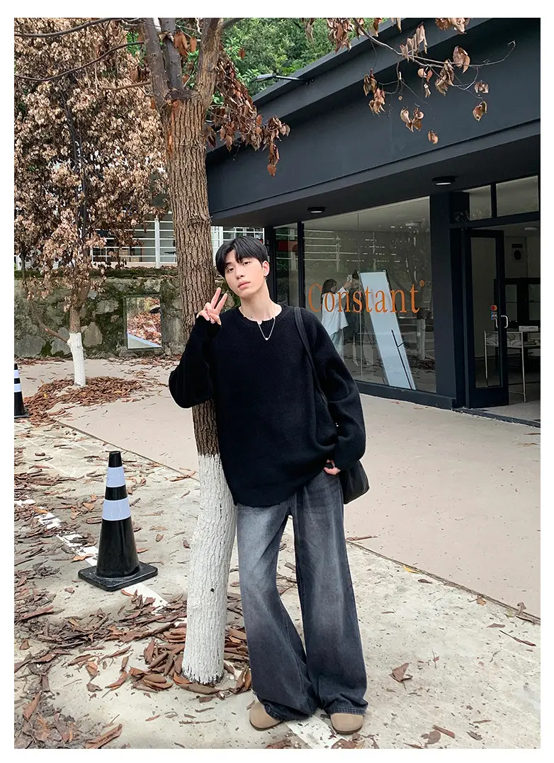 Men's Black Knitted Long Sleeve Sweater Loose Casual Wear — feature 8