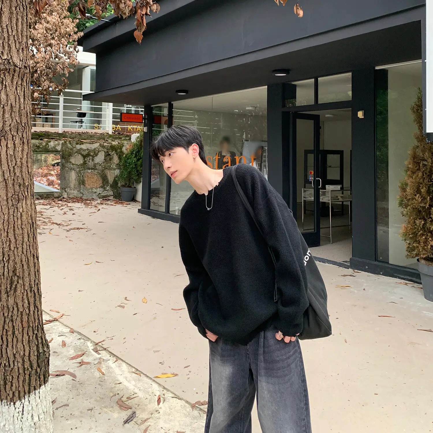 Men's Black Knitted Long Sleeve Sweater Loose Casual Wear
