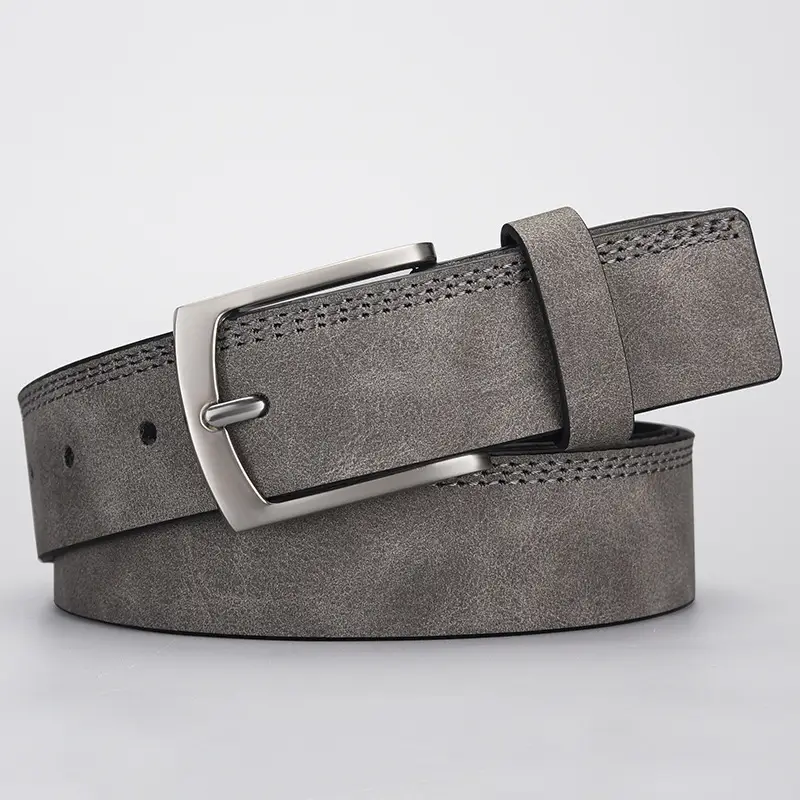 Men's Grey PU Leather Belt with Silver Buckle