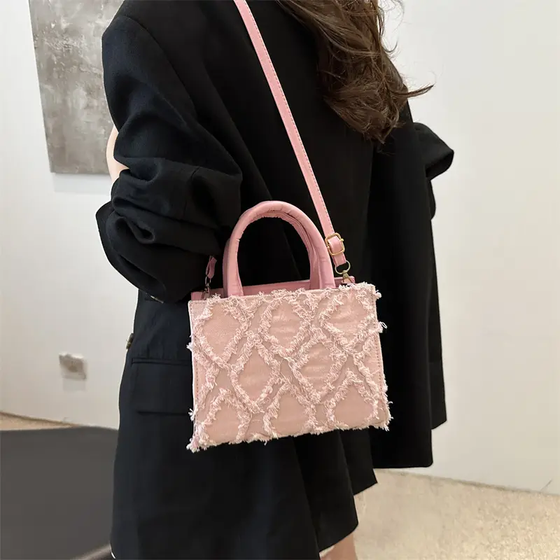 Pink Rhombic Embroidered Shoulder Bag for Women - Image 7