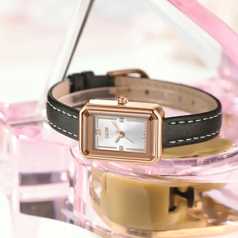 Gold Korean Women's Square Watch with Brown Leather Band