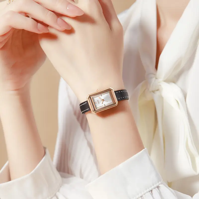 Gold Korean Women's Square Watch with Brown Leather Band