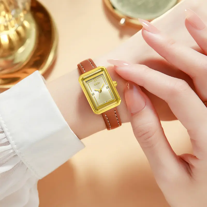 Gold Korean Women's Square Watch with Brown Leather Band