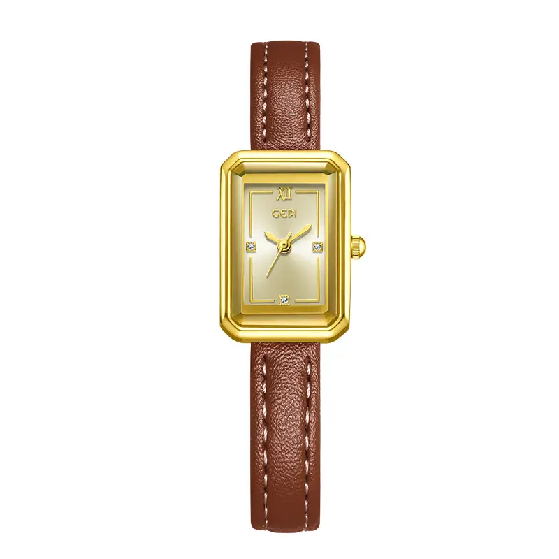 Gold Korean Women's Square Watch with Brown Leather Band