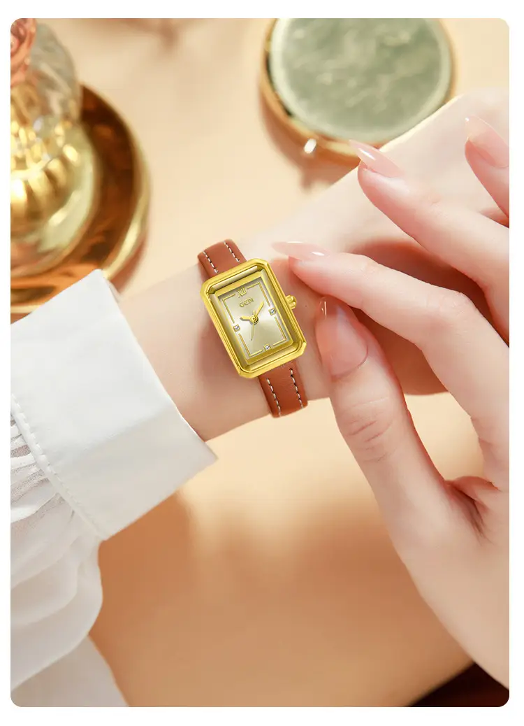 Gold Korean Women's Square Watch with Brown Leather Band — feature 10