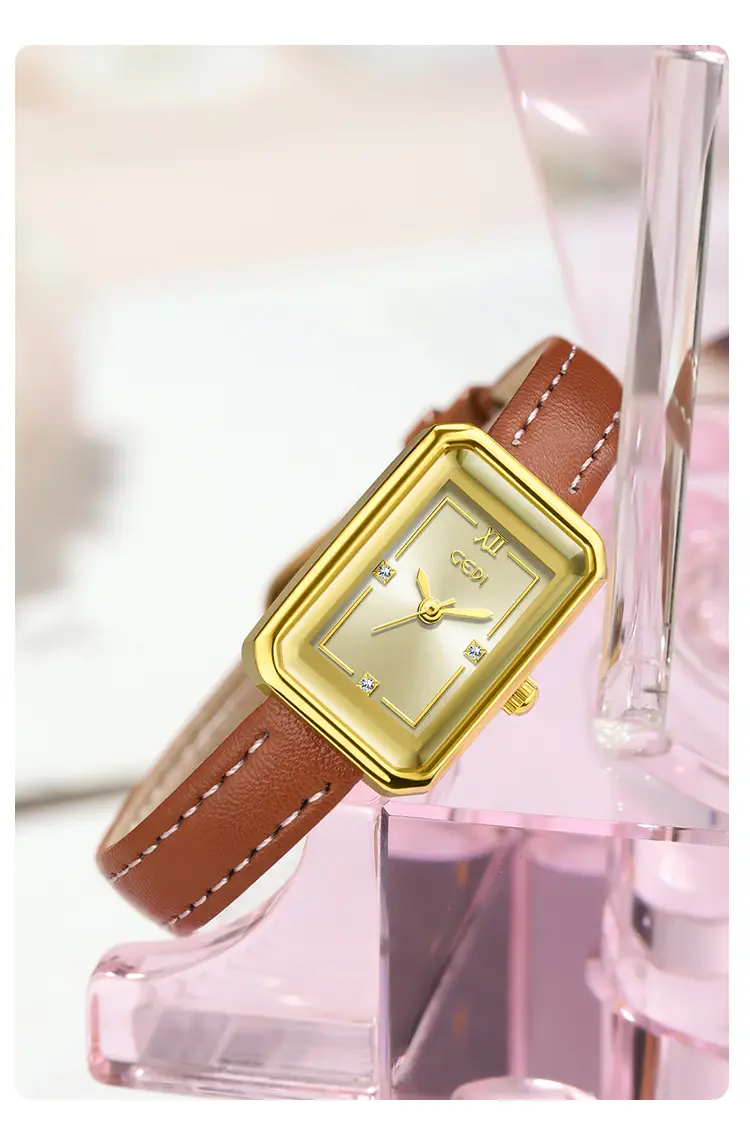 Gold Korean Women's Square Watch with Brown Leather Band — feature 9