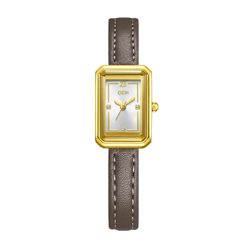 Gold Korean Women's Square Watch with Brown Leather Band