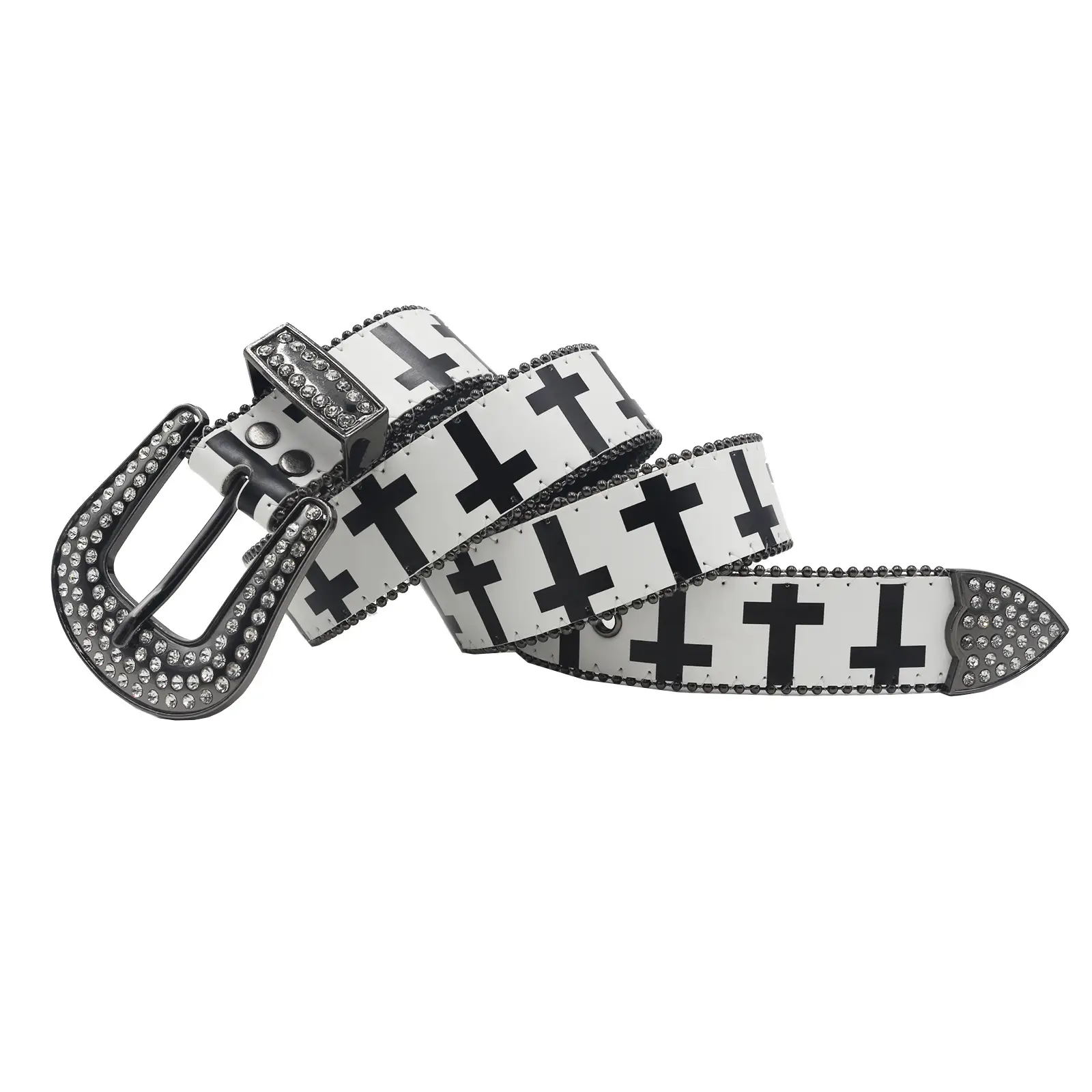 Black White Cross Rhinestone Belt Y2K PU Leather - Image 4