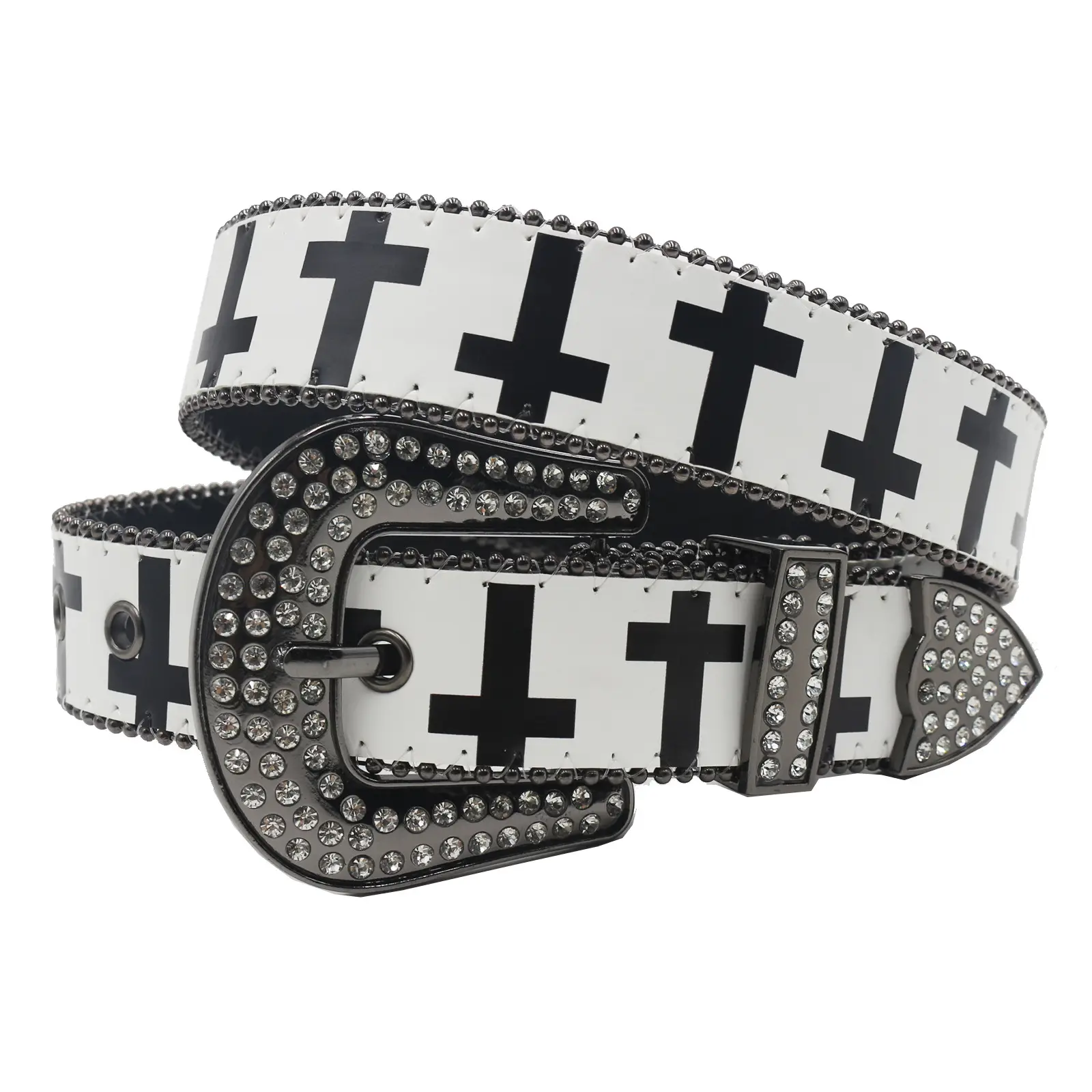 Black White Cross Rhinestone Belt Y2K PU Leather - Image 5