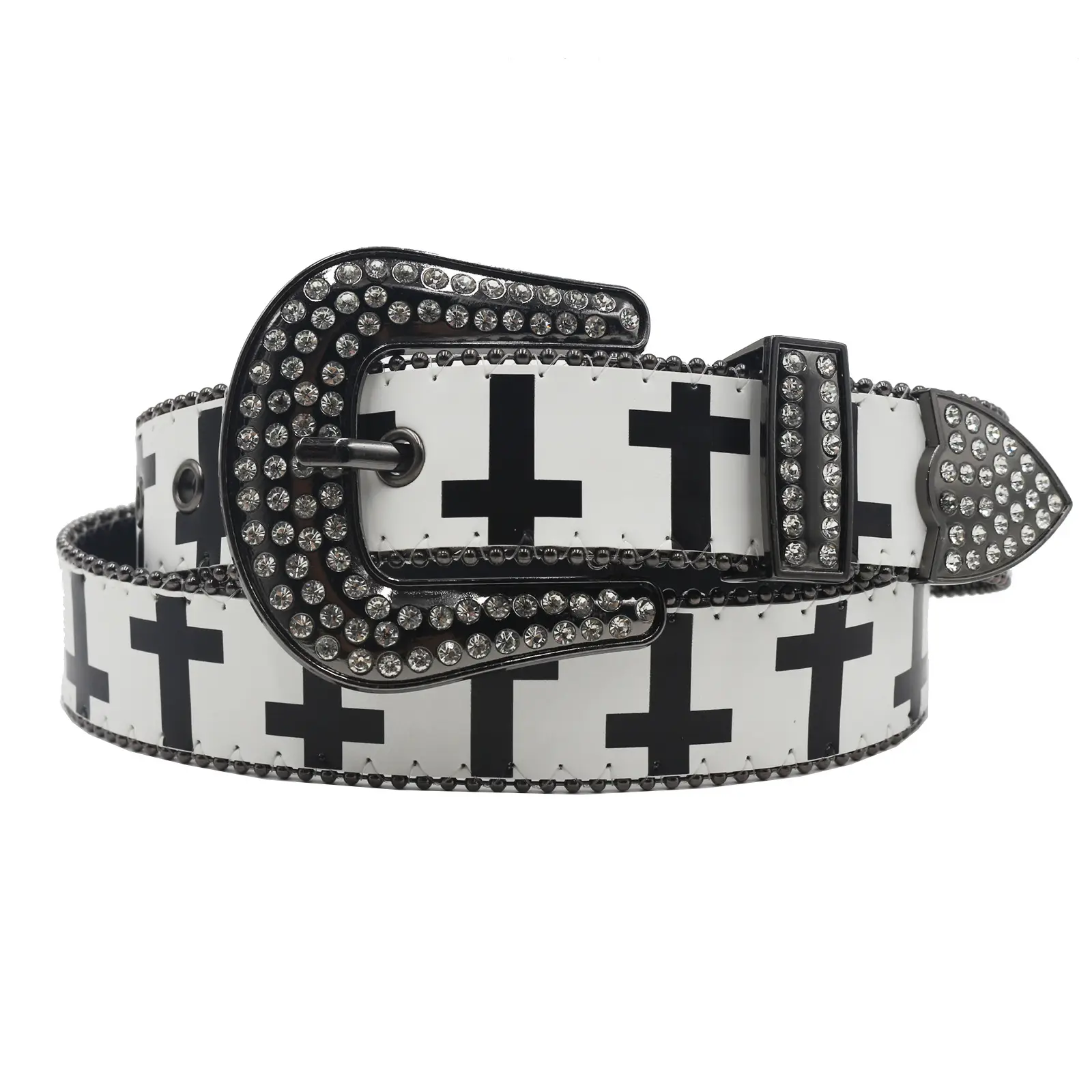 Black White Cross Rhinestone Belt Y2K PU Leather - Image 6