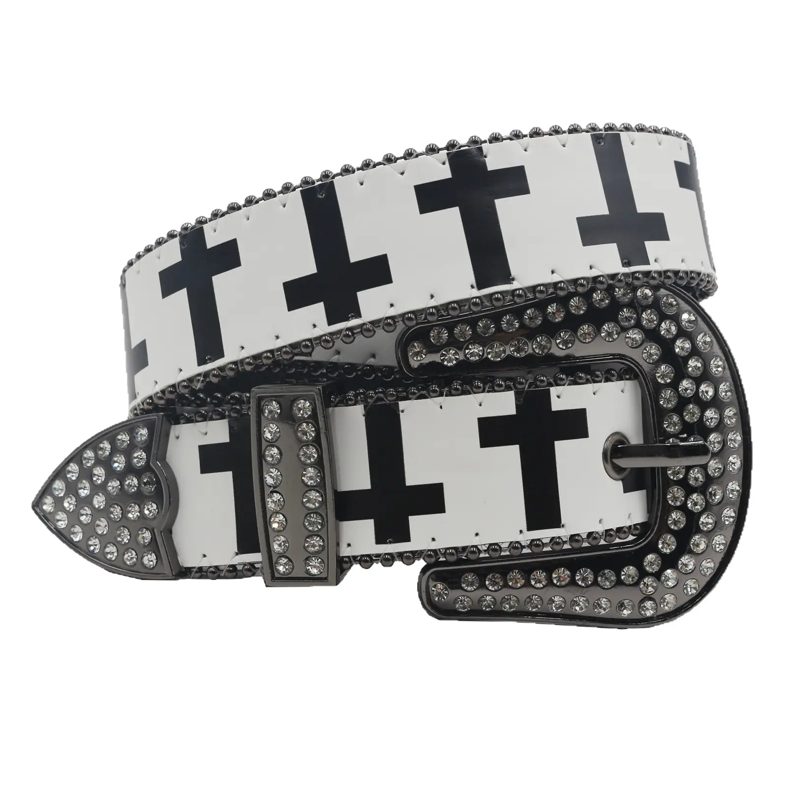 Black White Cross Rhinestone Belt Y2K PU Leather - Image 7