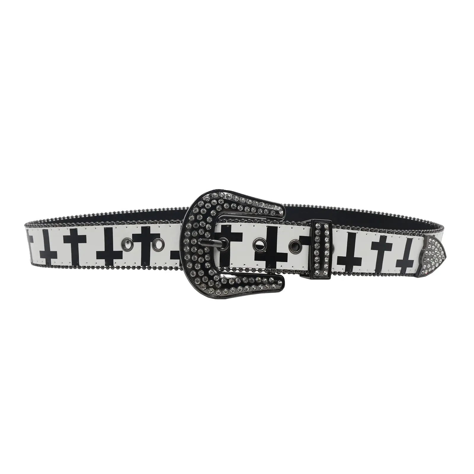 Black White Cross Rhinestone Belt Y2K PU Leather — feature 13