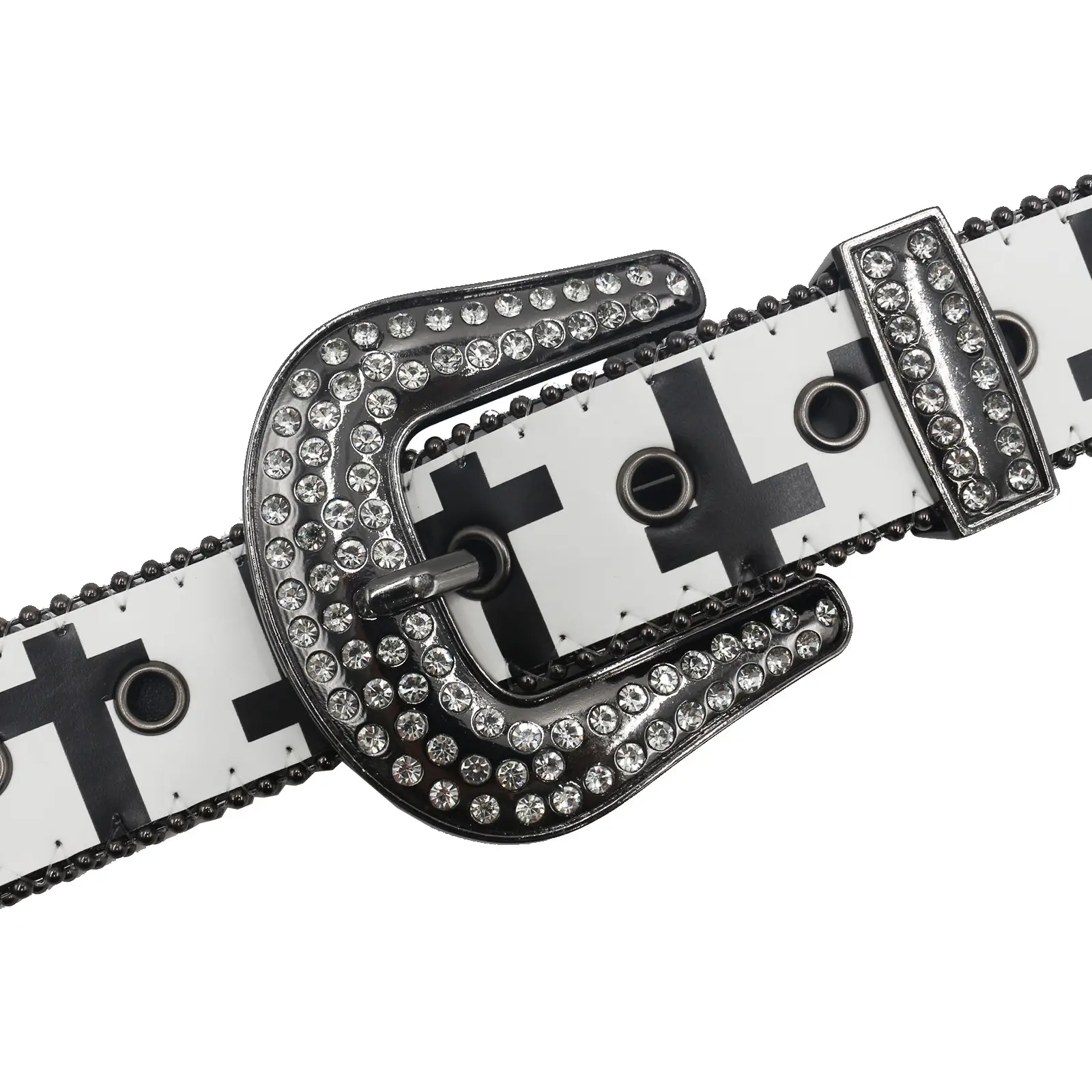 Black White Cross Rhinestone Belt Y2K PU Leather — feature 14