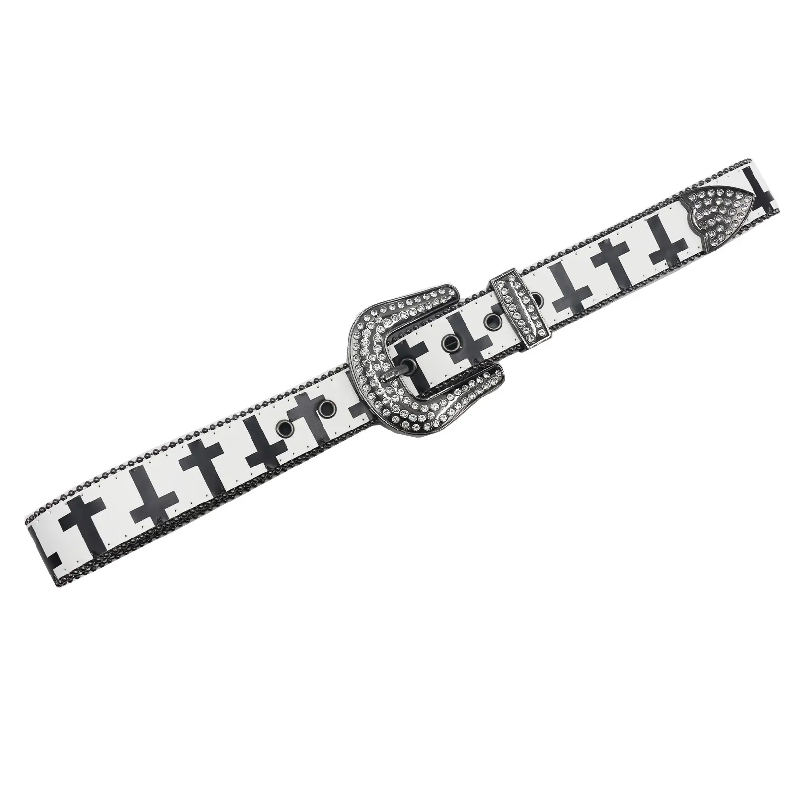 Black White Cross Rhinestone Belt Y2K PU Leather — feature 15